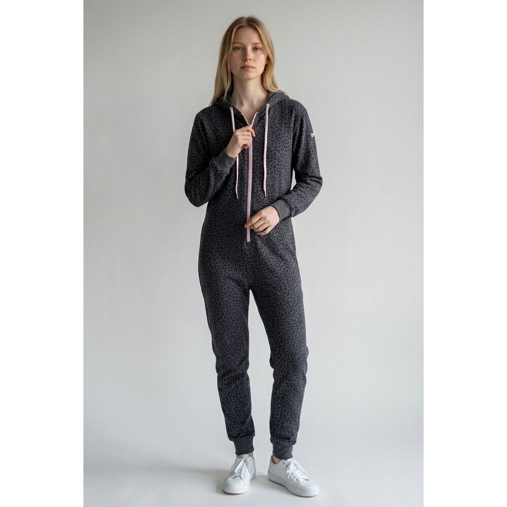 Fabletics Forever Fleece‎ Hooded One Piece XXS Leopard Jogger Jumpsuit Pocket